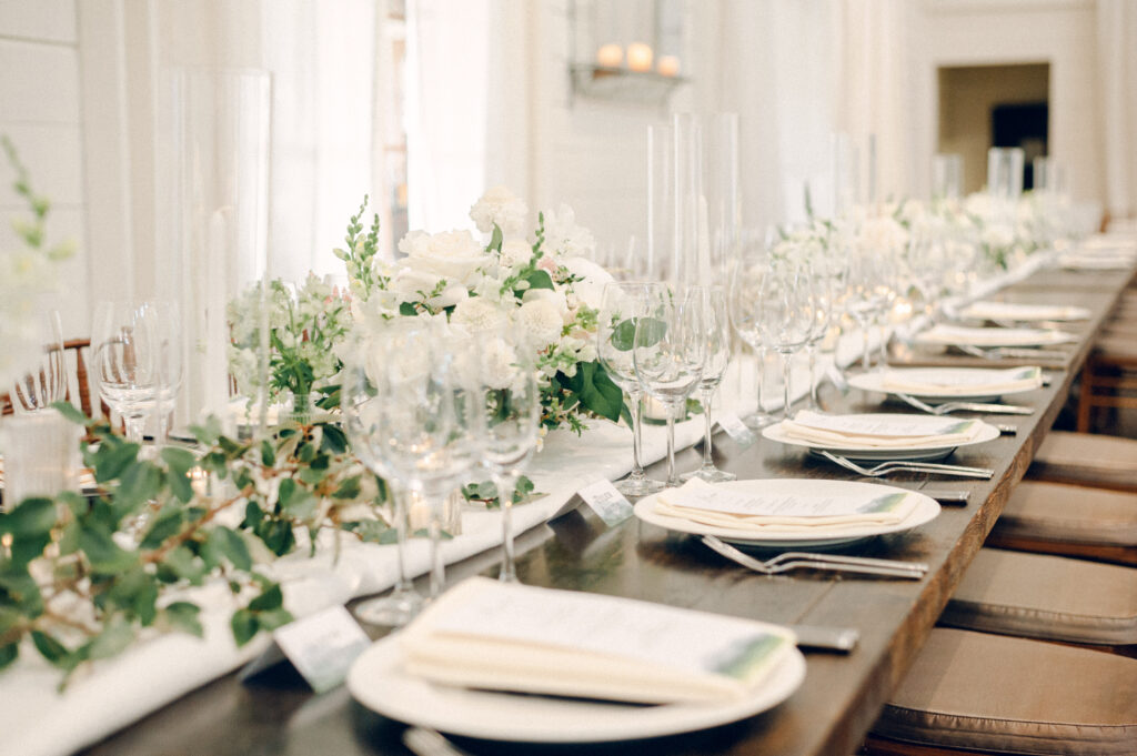 Pippin Hill wedding reception, head table, farm table, floral tablescape